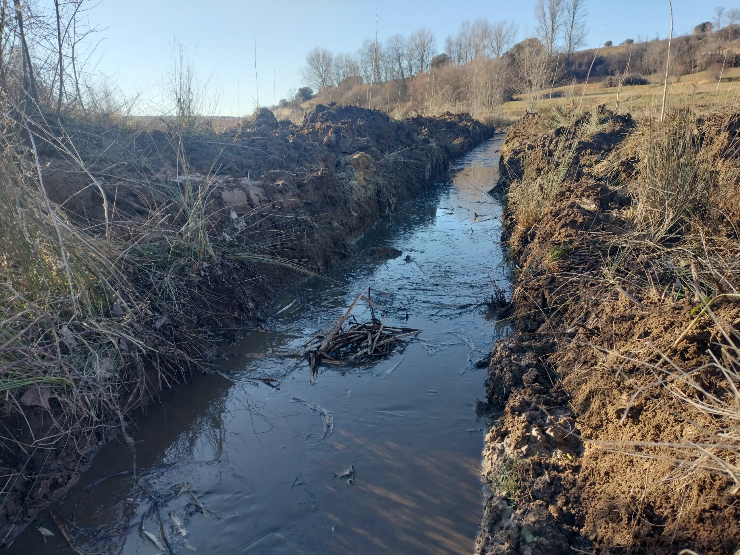 Canal de drenaje recién abierto en una finca para sacar el agua estancada