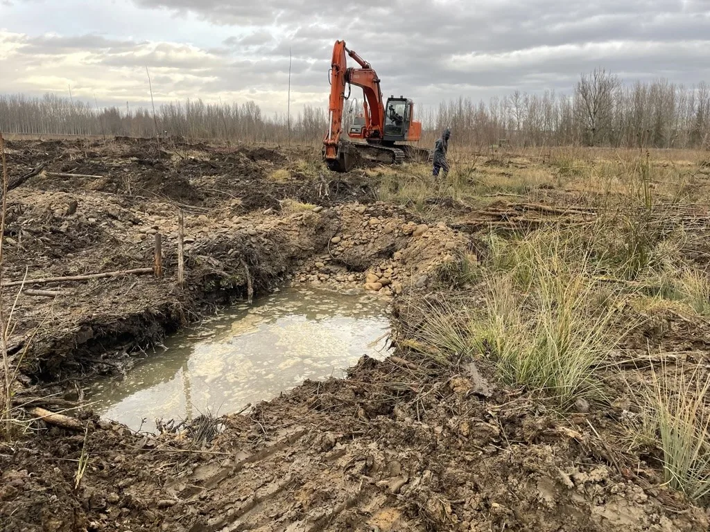 Hoyo abierto con retroexcavadora en una finca, con el agua del nivel freático aflorando al fondo